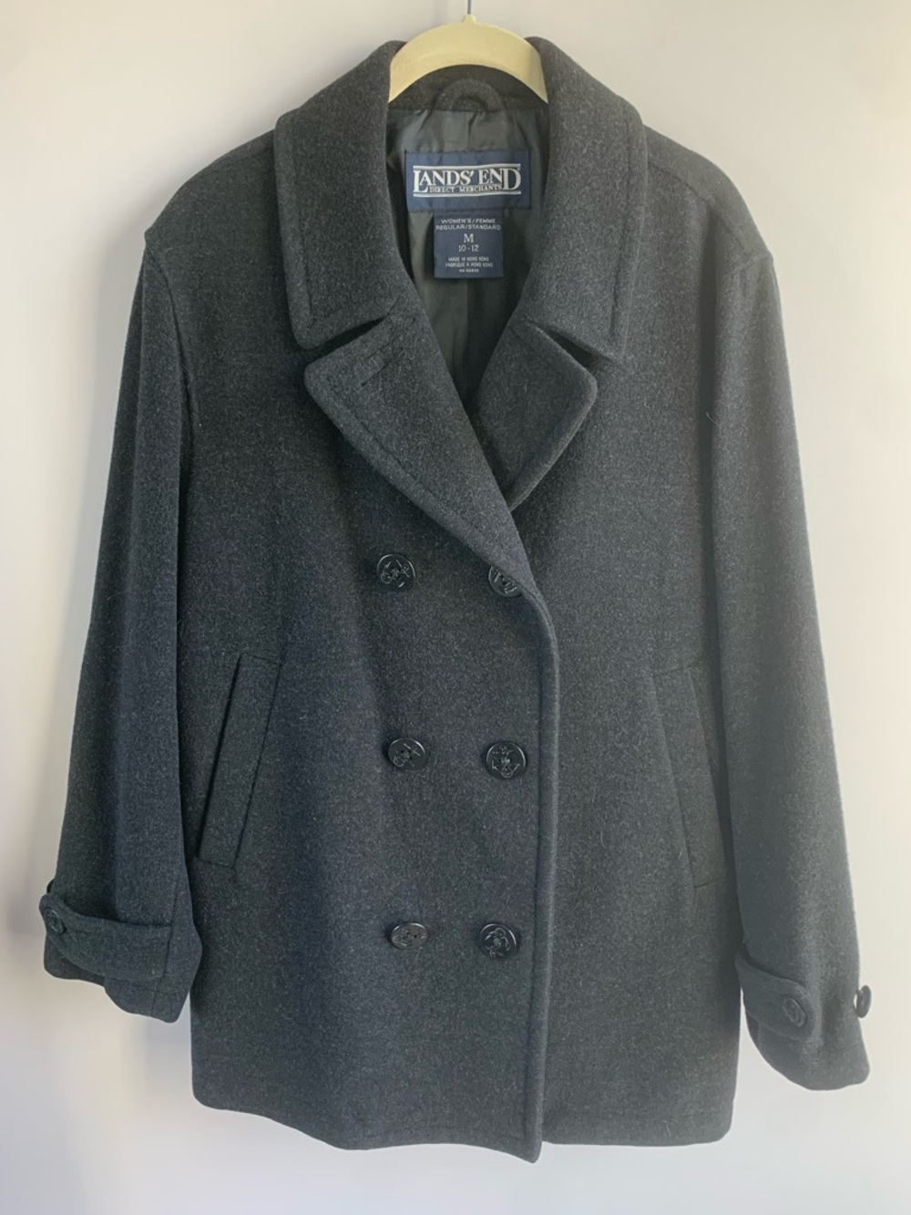 Lands End Vintage Pea Coat Black Wool Double Breasted Classic Warm Winter 10 12